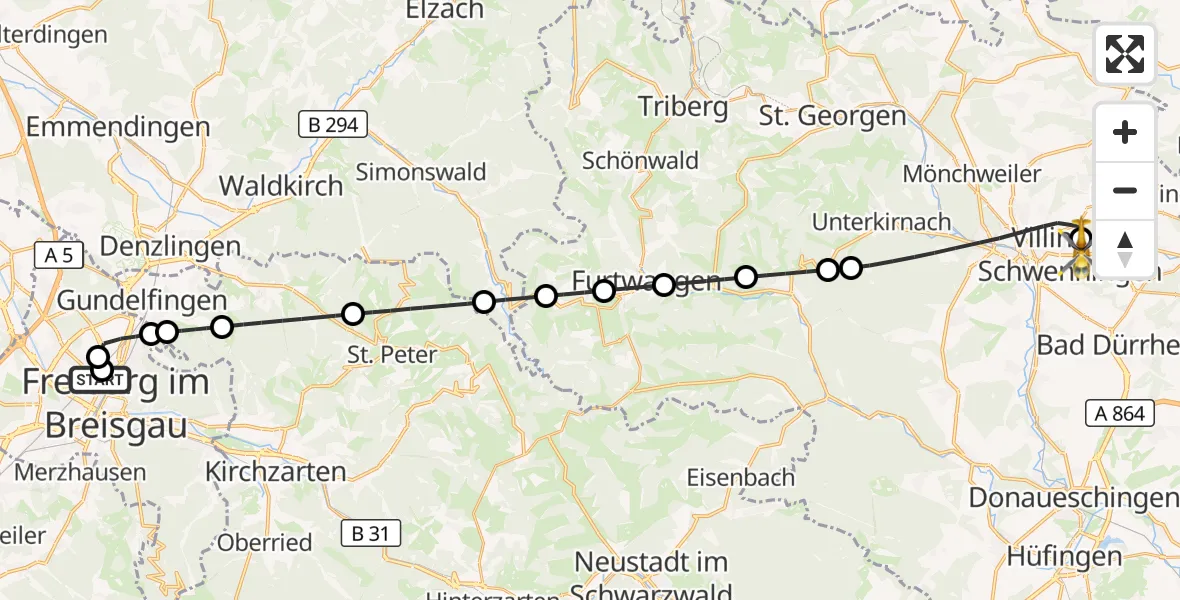 Flugroute Rettungshubschrauber Freiburg University Hospital Heliport 1 - DRF Air Rescue Station Villingen-Schwenningen Heliport (Christoph 11), 20 März 2026, 00:53