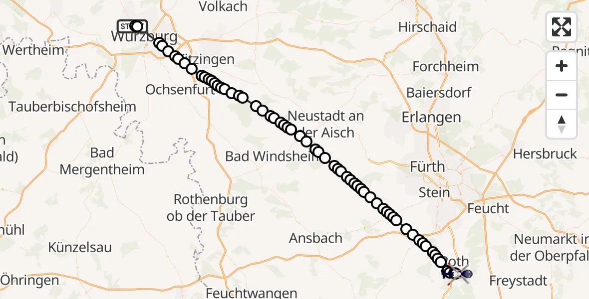 Flugroute Polizeihubschrauber Veitshöchheim - Roth Airfield, 20 März 2026, 02:57
