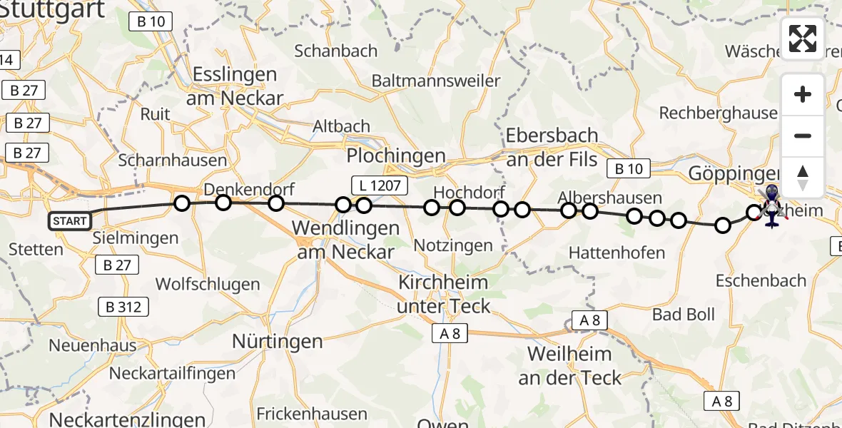 Flugroute Polizeihubschrauber Stuttgart Airport - Holzheim, 20 März 2026, 06:01