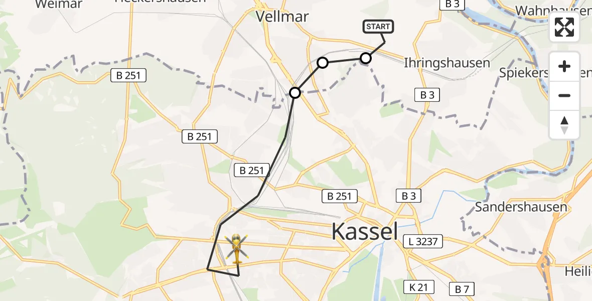Flugroute Rettungshubschrauber Fuldatal Federal Police Heliport - Kassel, 20 März 2026, 06:02