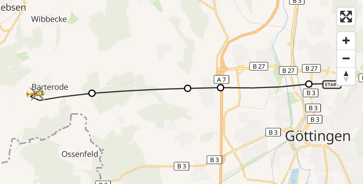 Flugroute Rettungshubschrauber Göttingen University Clinic Heliport - Adelebsen, 20 März 2026, 06:17