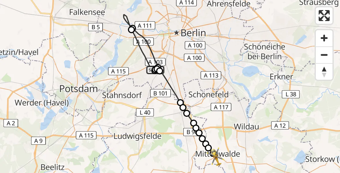 Flugroute Rettungshubschrauber Charité Clinic Benjamin Franklin Campus - Mittenwalde, 20 März 2026, 06:31