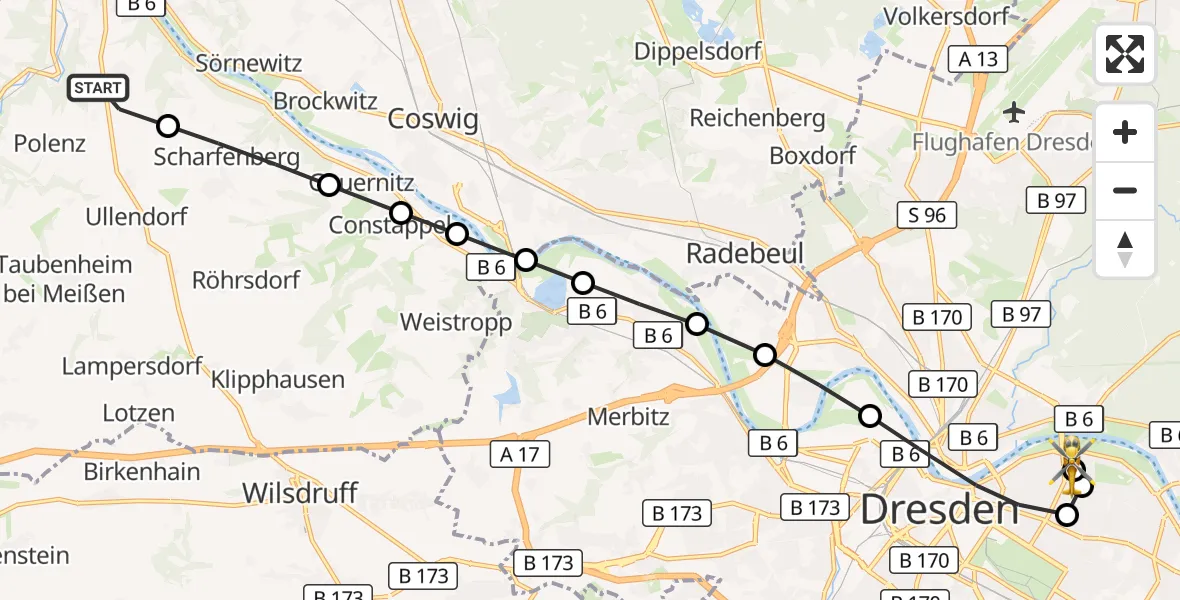 Flugroute Rettungshubschrauber Polenz - Dresden University Hospital, 20 März 2026, 06:54