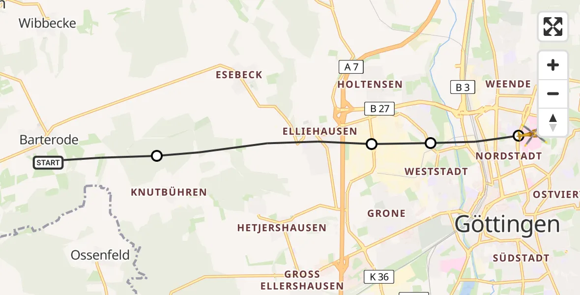 Flugroute Rettungshubschrauber Adelebsen - Göttingen University Clinic Heliport, 20 März 2026, 07:03
