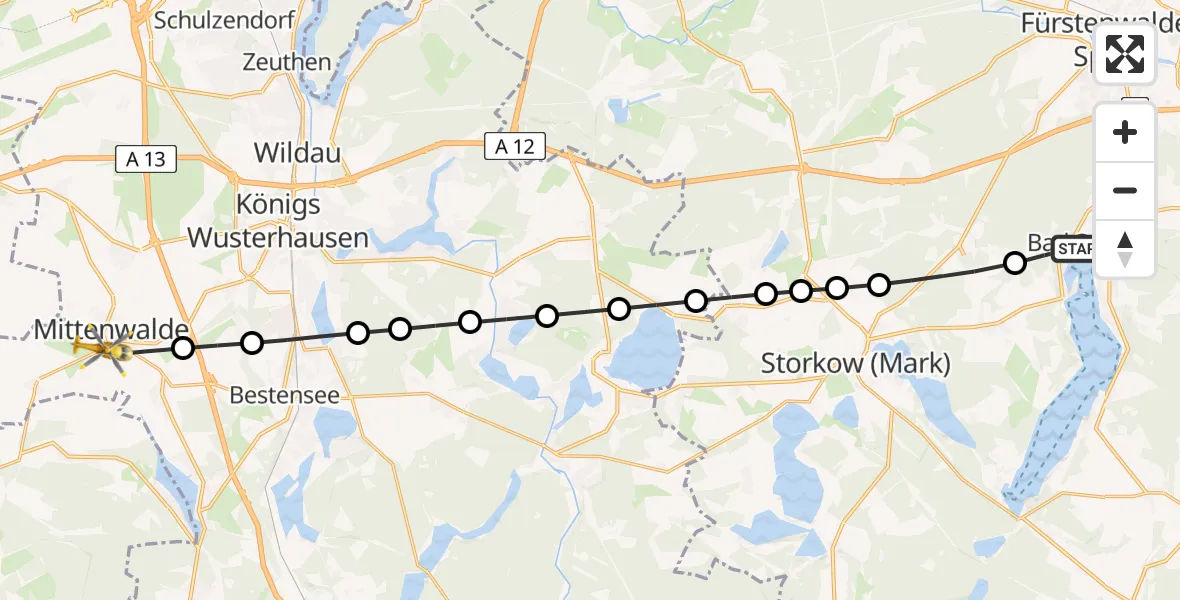 Flugroute Rettungshubschrauber Bad Saarow - Mittenwalde, 20 März 2026, 07:10