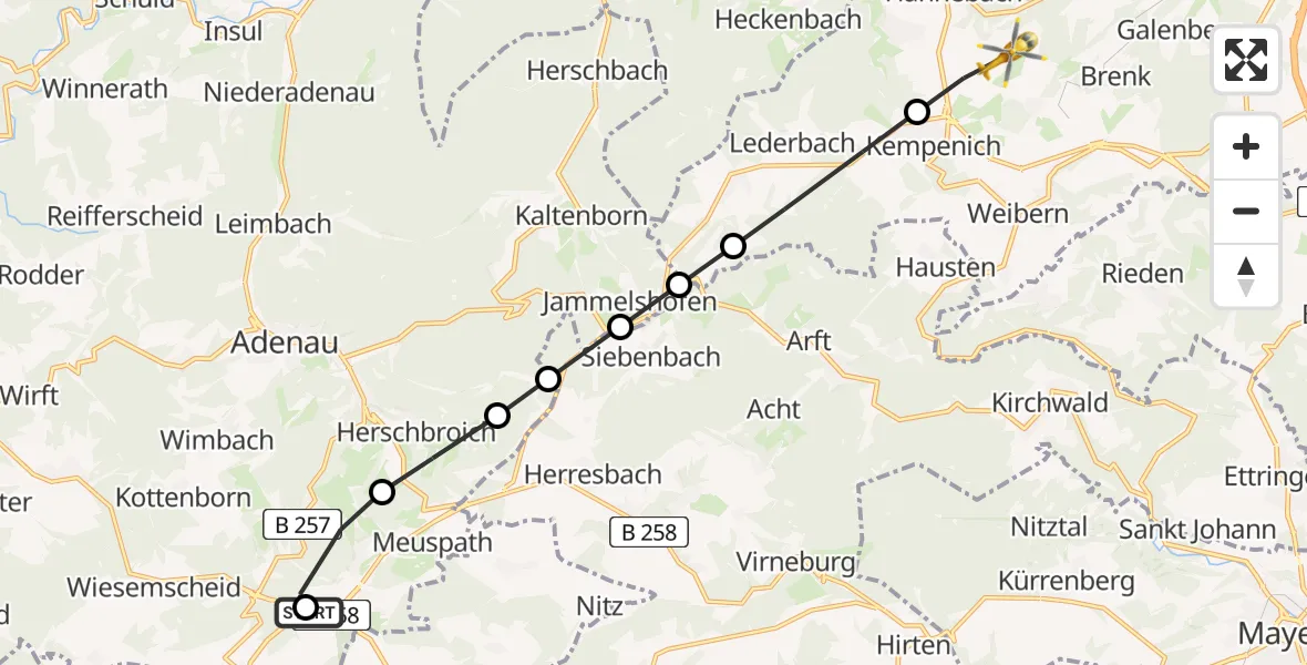 Flugroute Ambulanzhubschrauber Nürburgring Heliport - Engeln, 20 März 2026, 07:24