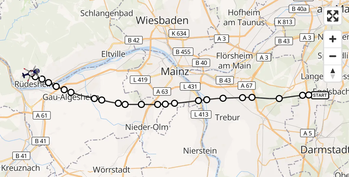 Flugroute Polizeihubschrauber Frankfurt-Egelsbach Airport - Rüdesheim, 20 März 2026, 07:33