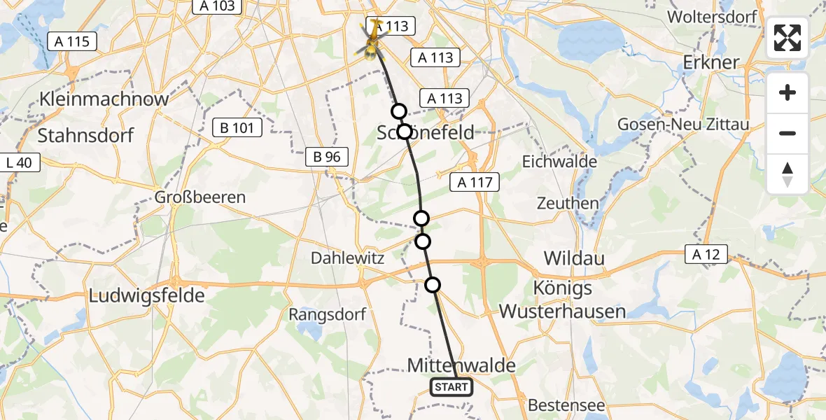 Flugroute Rettungshubschrauber Mittenwalde - Berlin, 20 März 2026, 07:46