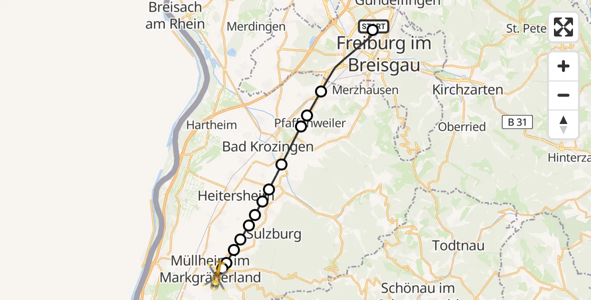 Flugroute Rettungshubschrauber Freiburg im Breisgau Airfield - Müllheim im Markgräflerland, 20 März 2026, 07:53
