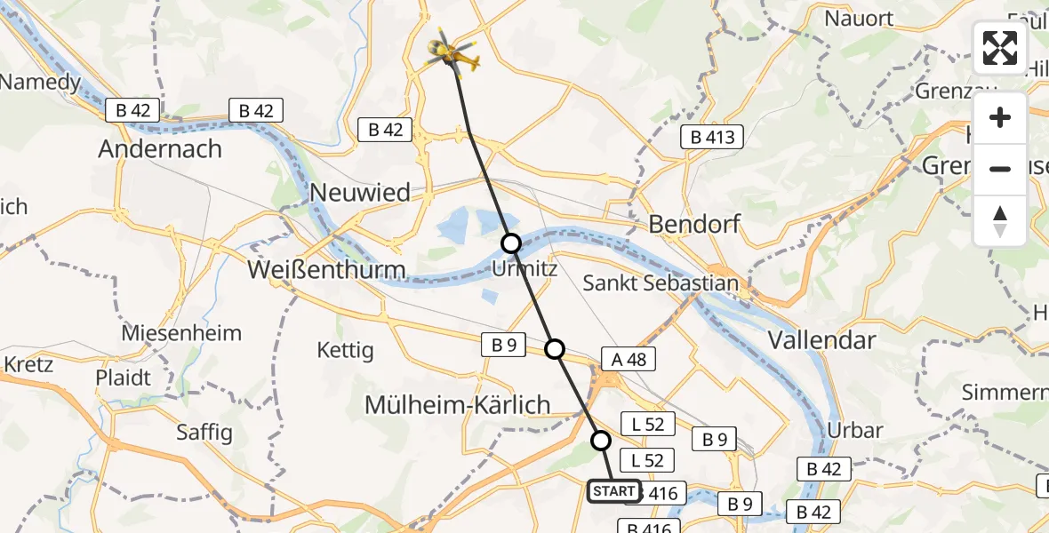 Flugroute Rettungshubschrauber Koblenz - Neuwied, 20 März 2026, 07:54