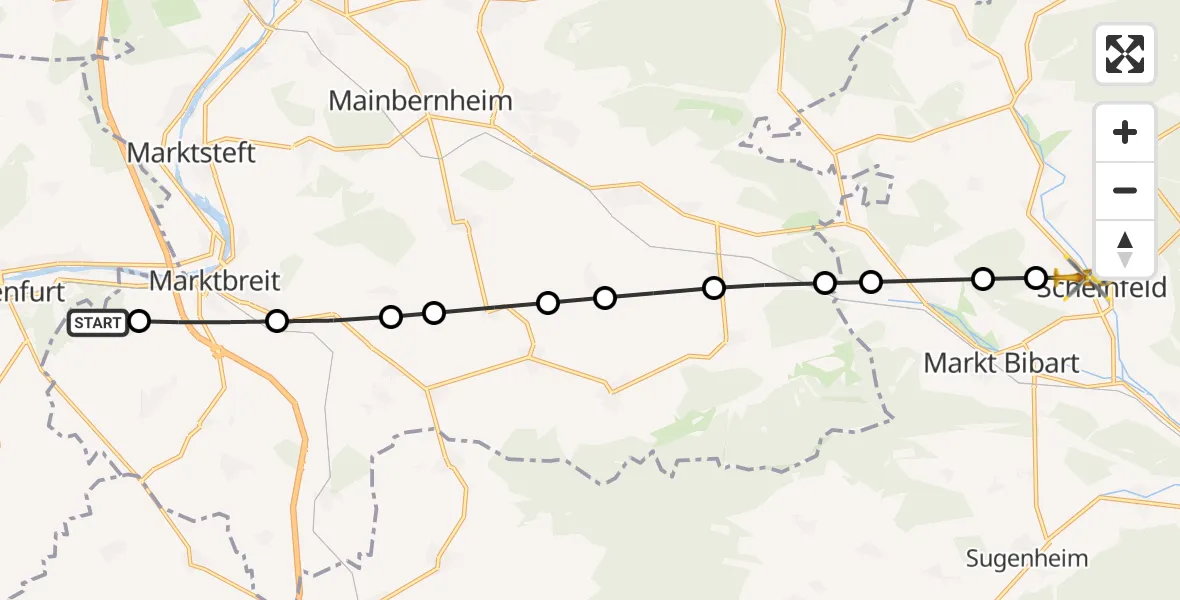 Flugroute Rettungshubschrauber Frickenhausen am Main - Grappertshofen, 20 März 2026, 08:09