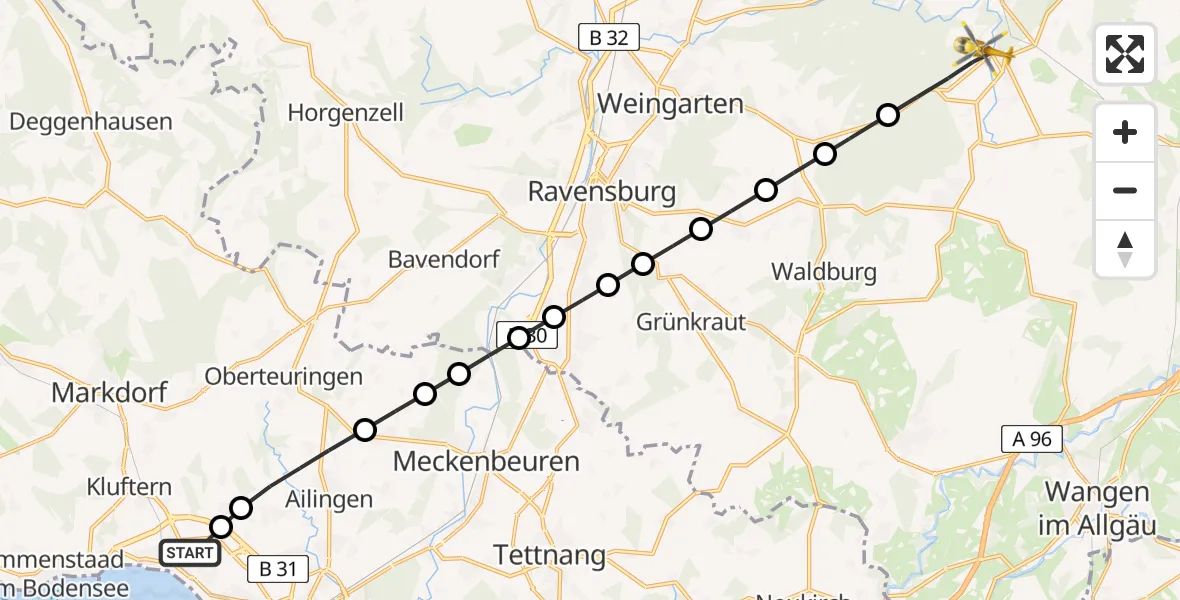 Flugroute Rettungshubschrauber Friedrichshafen Hospital - Wolfegg, 20 März 2026, 08:22