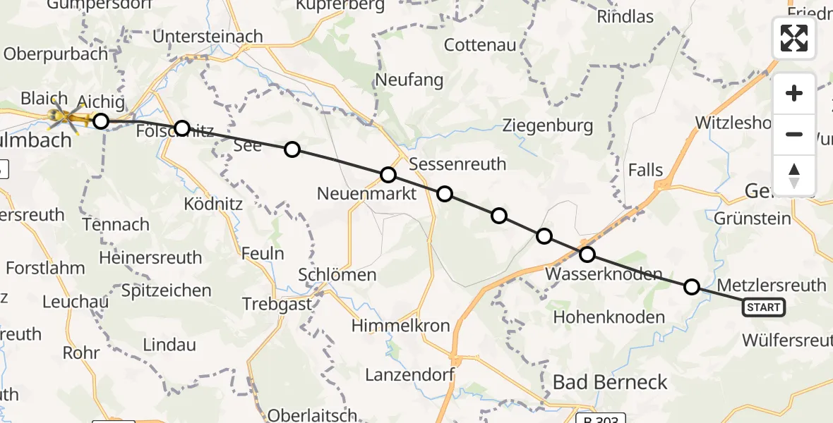 Flugroute Rettungshubschrauber Metzlersreuth - Kauernburg, 20 März 2026, 08:25