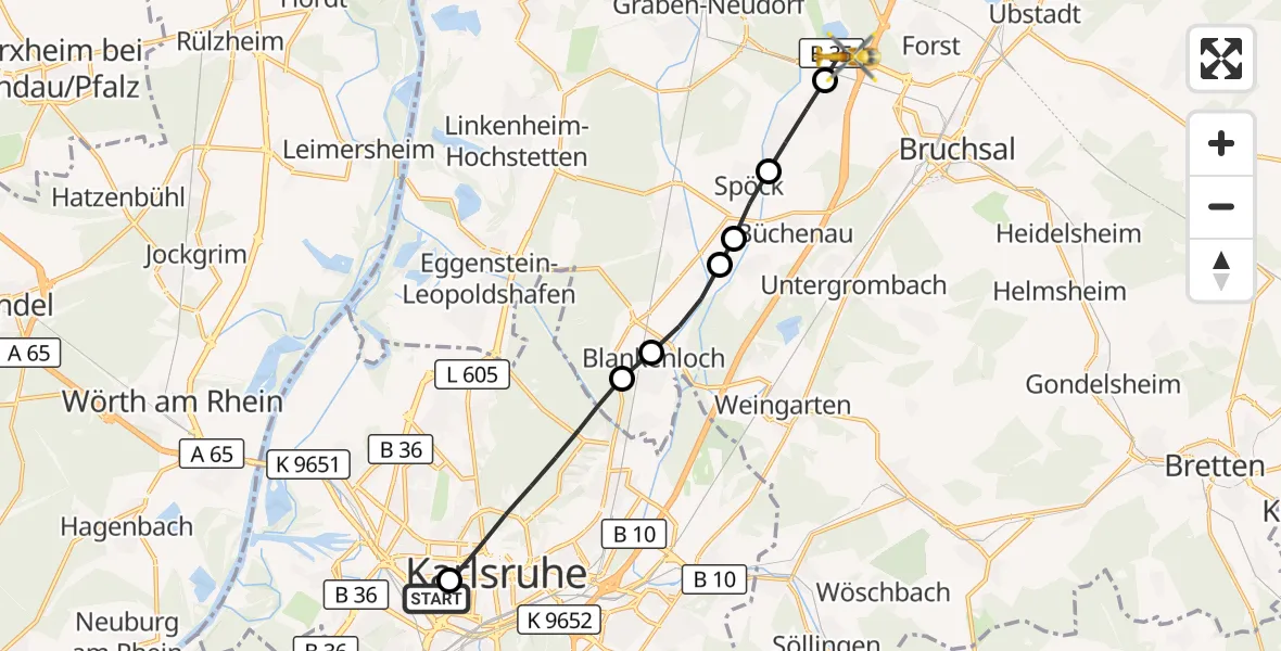 Flugroute Rettungshubschrauber Sankt Vincentius Hospital - Karlsdorf, 20 März 2026, 08:41