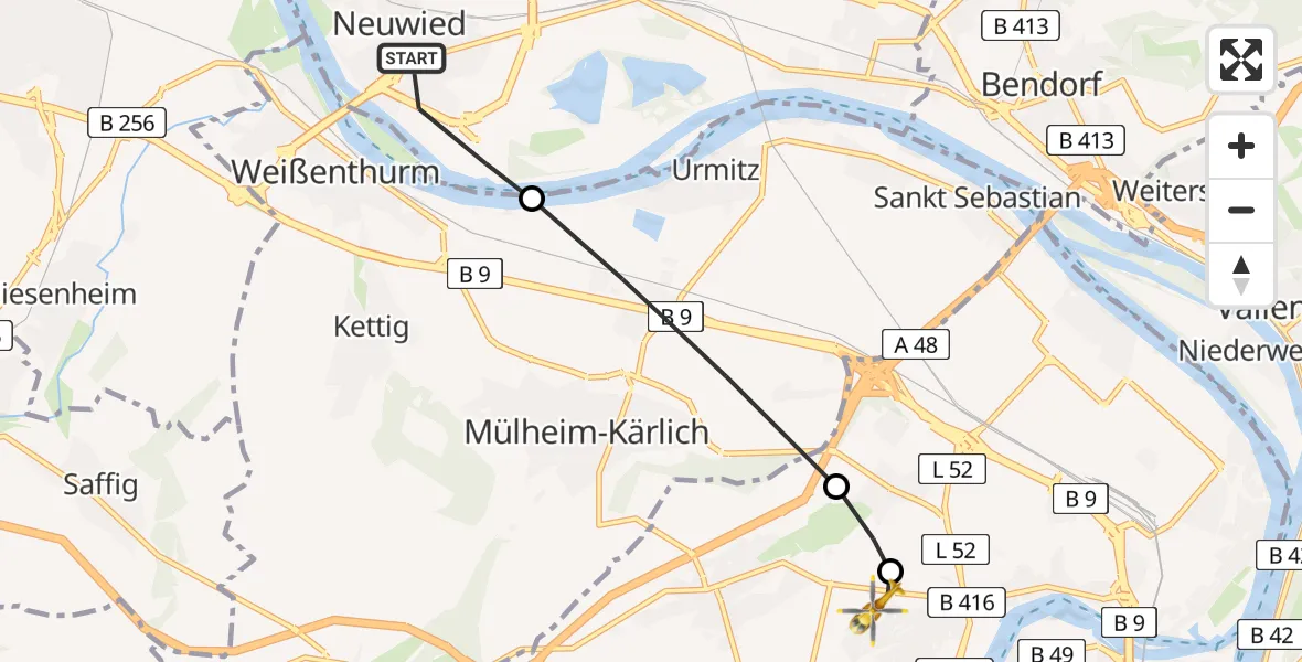 Flugroute Rettungshubschrauber Neuwied - Koblenz, 20 März 2026, 08:42