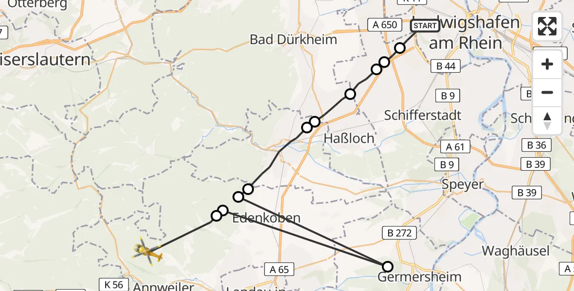 Flugroute Rettungshubschrauber Ludwigshafen am Rhein - Rinnthal, 20 März 2026, 08:45