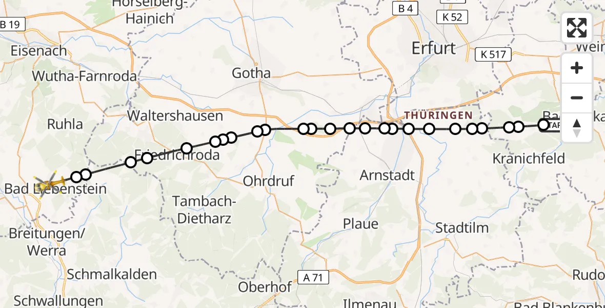 Flugroute Ambulanzhubschrauber Tiefengruben - Bad Liebenstein, 20 März 2026, 08:50
