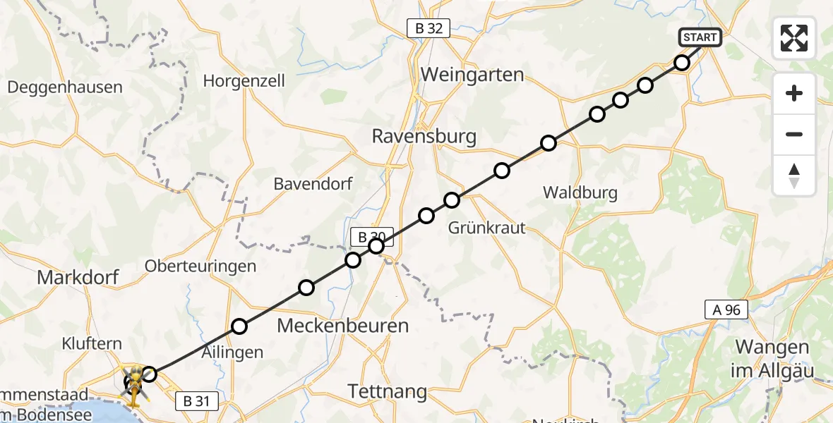 Flugroute Rettungshubschrauber Wolfegg - Friedrichshafen Hospital, 20 März 2026, 08:54