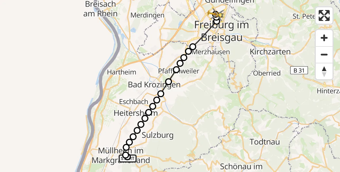 Routekaart van de vlucht: Rettungshubschrauber nach Freiburg im Breisgau Airfield