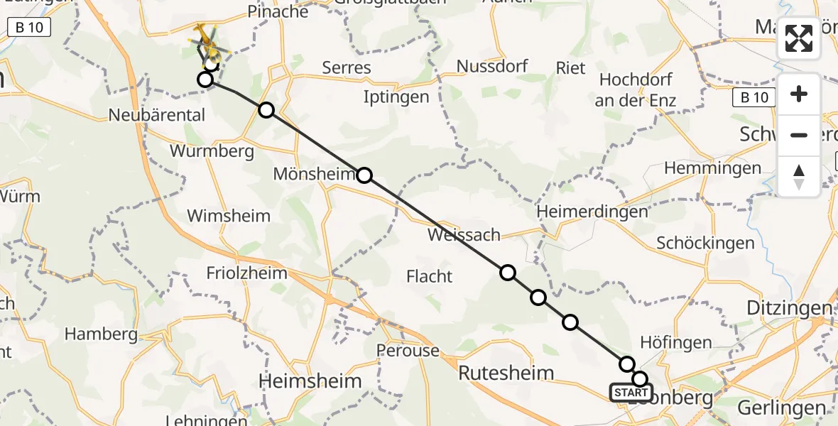 Flugroute Rettungshubschrauber Leonberg Hospital - Öschelbronn, 20 März 2026, 09:00