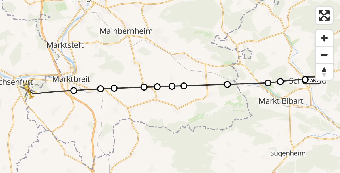 Flugroute Rettungshubschrauber Hohlweiler - Ochsenfurt Hospital Heliport, 20 März 2026, 09:03