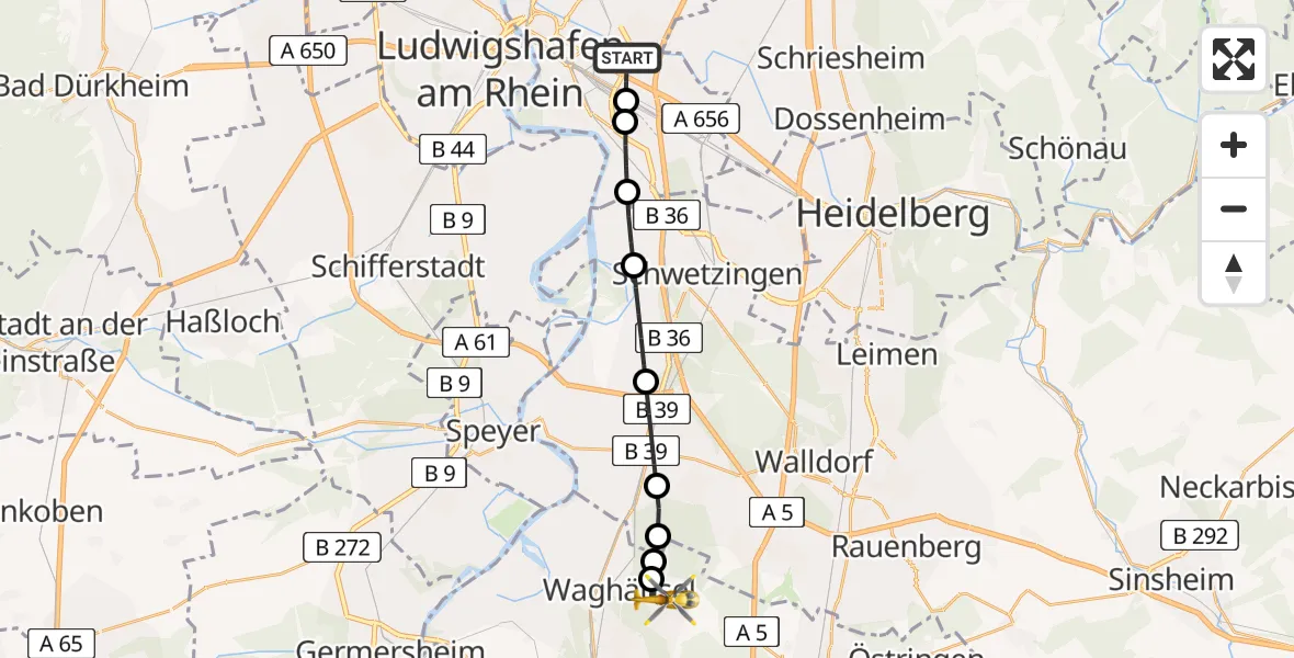 Flugroute Rettungshubschrauber Mannheim-City Airport - Kirrlach, 20 März 2026, 09:04