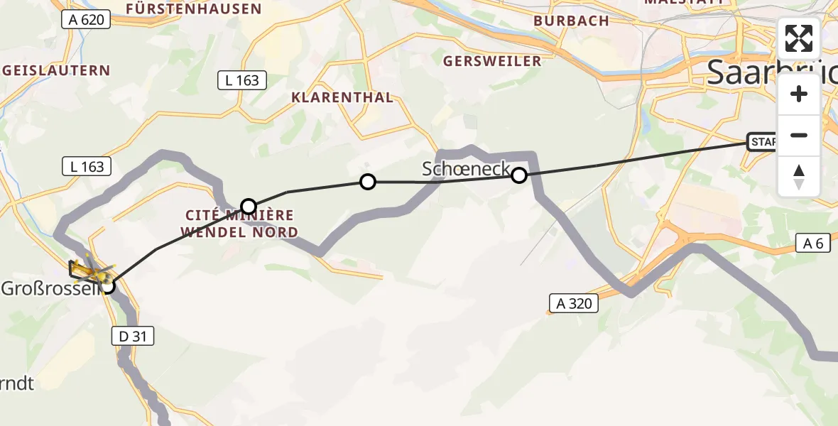 Flugroute Rettungshubschrauber Saarbrücken - Großrosseln, 20 März 2026, 09:06