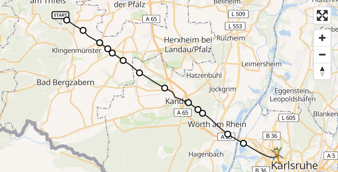 Routekaart van de vlucht: Rettungshubschrauber nach Karlsruhe, Kußmaulstraße