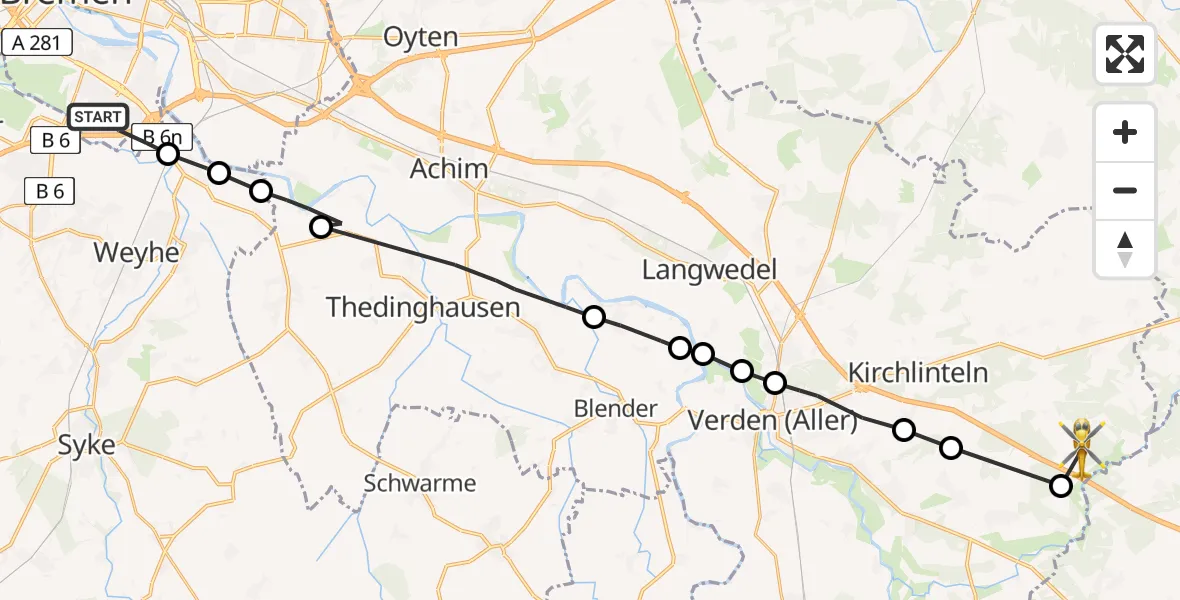 Flugroute Rettungshubschrauber Bremen-Süd - Verdenermoor, 20 März 2026, 09:14