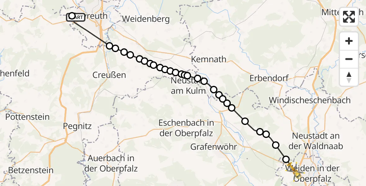Flugroute Rettungshubschrauber Bayreuth Hospital - Weiden in der Oberpfalz Airfield, 20 März 2026, 09:19
