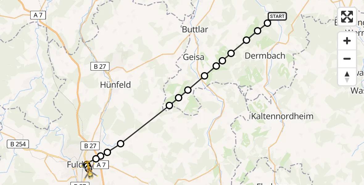 Flugroute Ambulanzhubschrauber Stadtlengsfeld - Fulda Hospital, 20 März 2026, 09:30