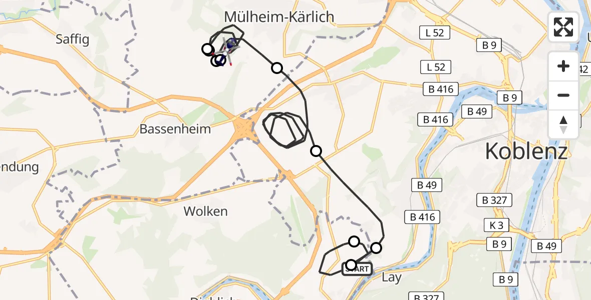 Flugroute Polizeihubschrauber Koblenz-Winningen Airfield - Mülheim-Kärlich, 20 März 2026, 09:33