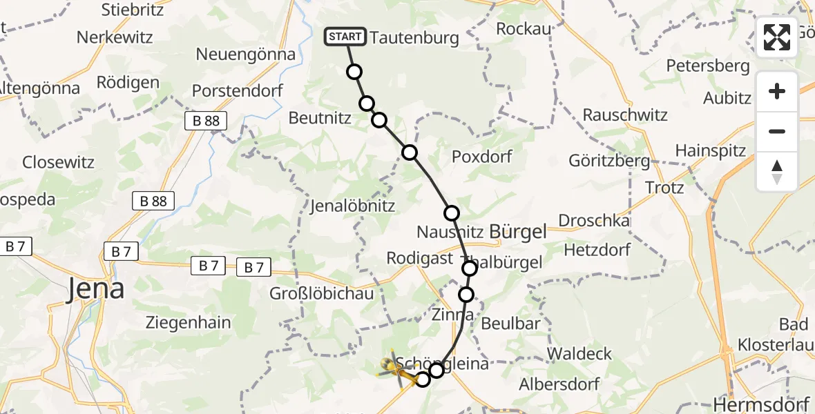 Flugroute Rettungshubschrauber Dorndorf-Steudnitz - Zinna, 20 März 2026, 09:45