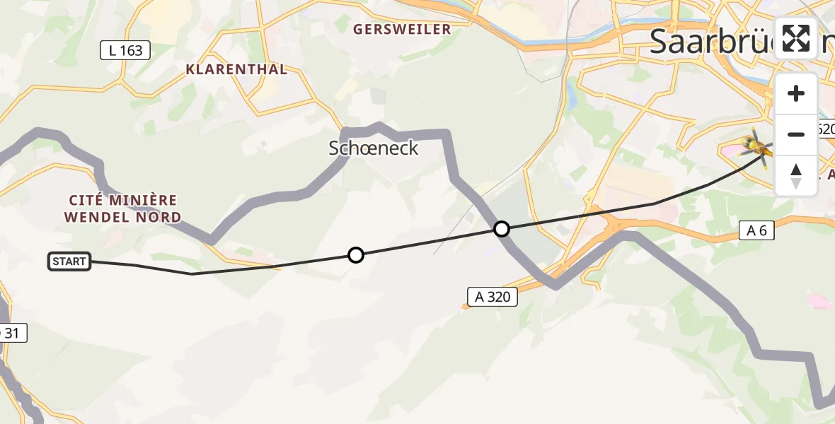 Flugroute Rettungshubschrauber Petite-Rosselle - Saarbrücken, 20 März 2026, 09:47