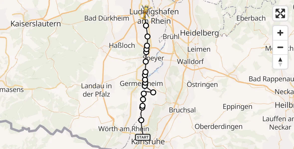 Flugroute Rettungshubschrauber Karlsruhe - Ludwigshafen Accident Hospital Heliport, 20 März 2026, 09:50