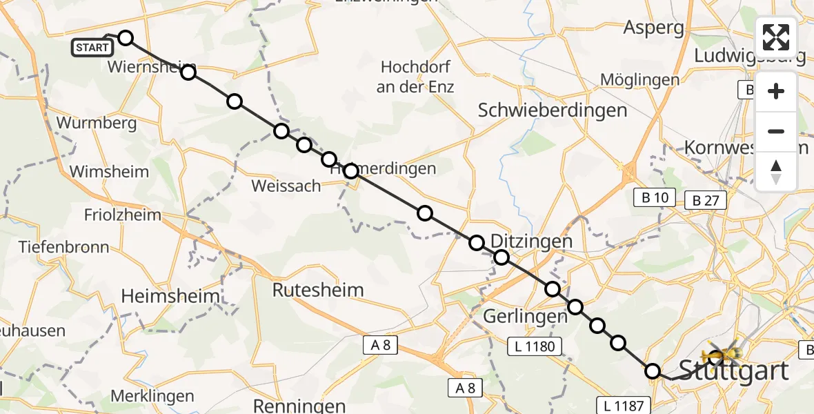 Routekaart van de vlucht: Rettungshubschrauber nach Stuttgart, Kriegsbergstraße