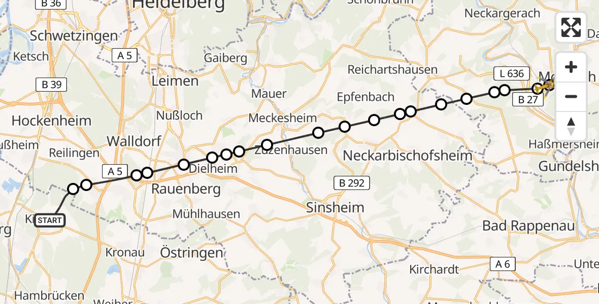 Flugroute Rettungshubschrauber Kirrlach - Mosbach, 20 März 2026, 09:55