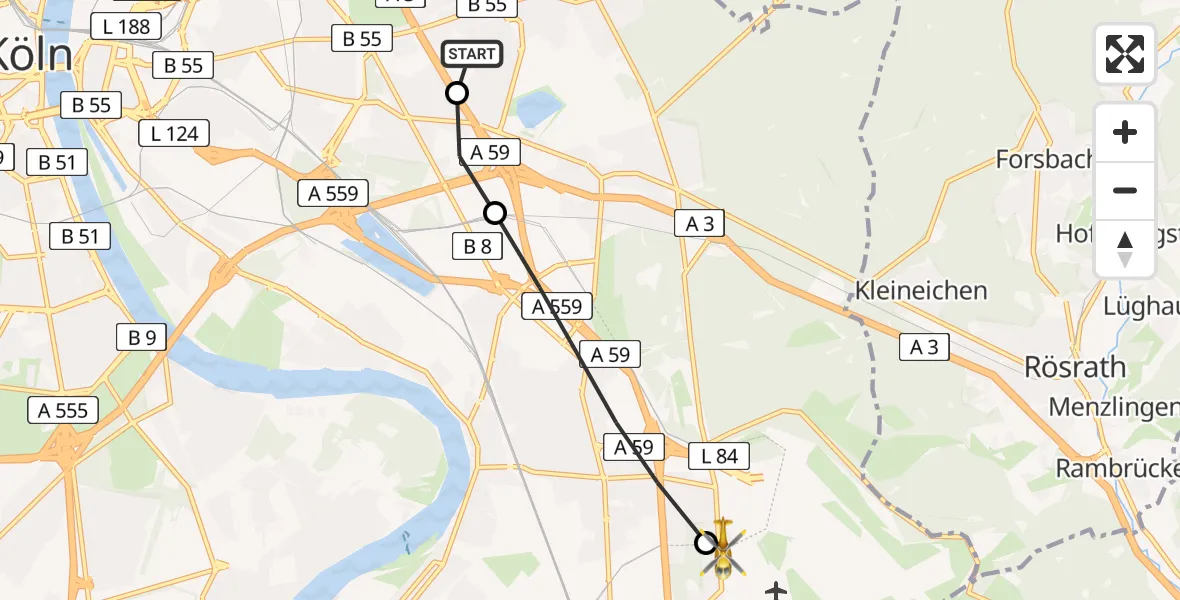 Flugroute Rettungshubschrauber Merheim Hospital - Cologne Bonn Airport, 20 März 2026, 09:59