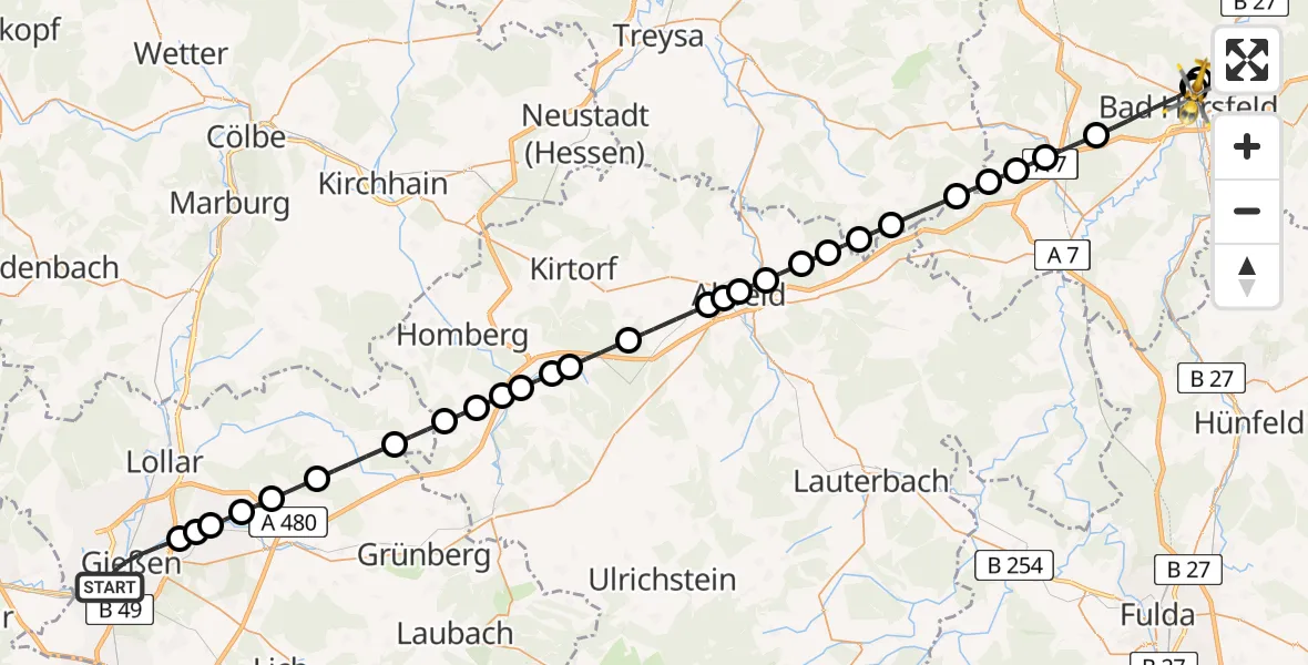 Routekaart van de vlucht: Rettungshubschrauber nach Bad Hersfeld Hospital