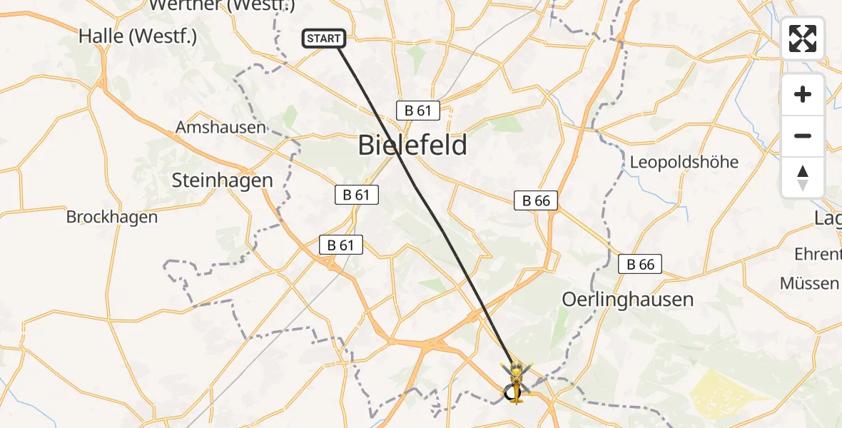 Flugroute Rettungshubschrauber Bielefeld - Bielefeld, 20 März 2026, 10:18