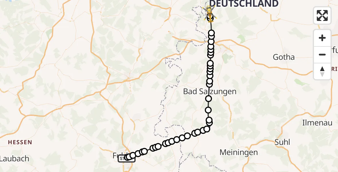 Flugroute Ambulanzhubschrauber Fulda Hospital - Treffurt, 20 März 2026, 10:26
