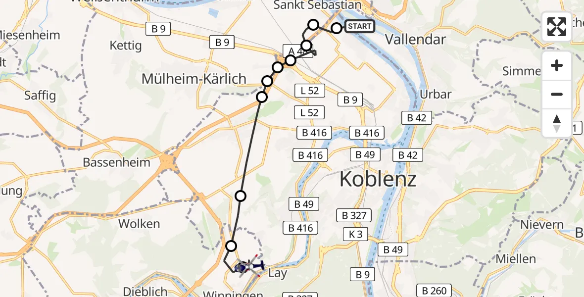 Routekaart van de vlucht: Polizeihubschrauber nach Koblenz-Winningen Airfield