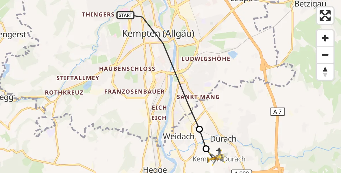 Flugroute Rettungshubschrauber Kempten (Allgäu) - Kempten-Durach Airfield, 20 März 2026, 10:33