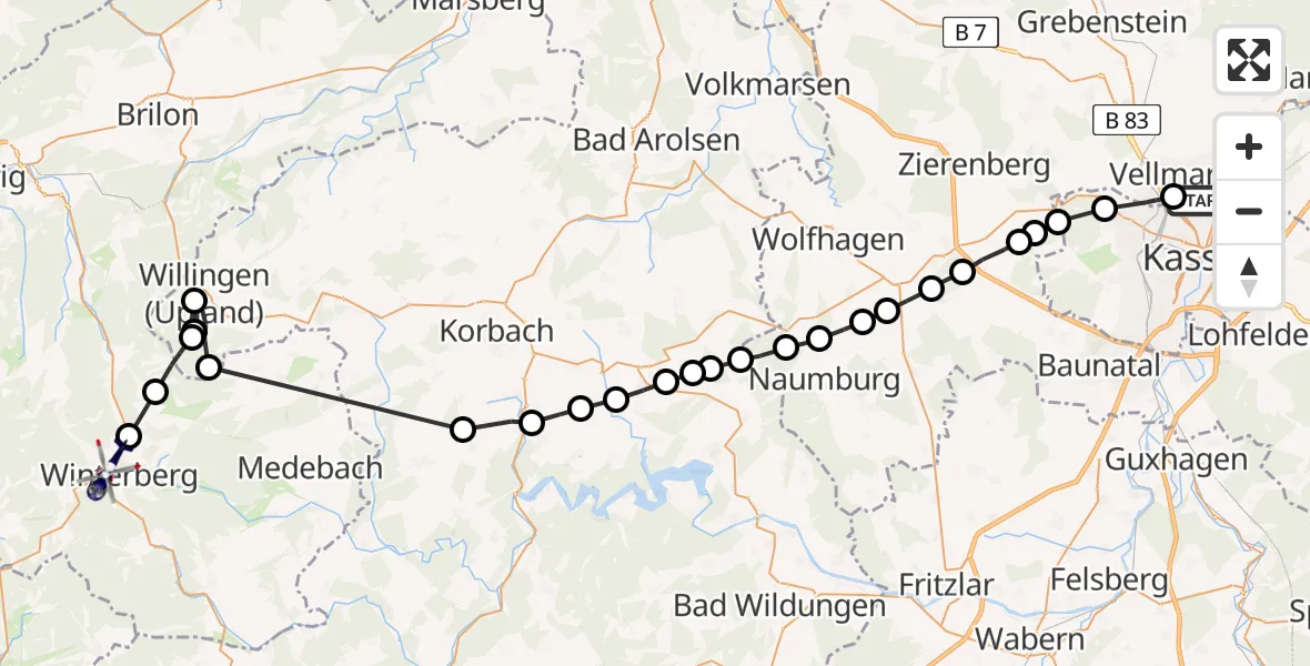 Flugroute Polizeihubschrauber Kassel - Winterberg, 20 März 2026, 10:38