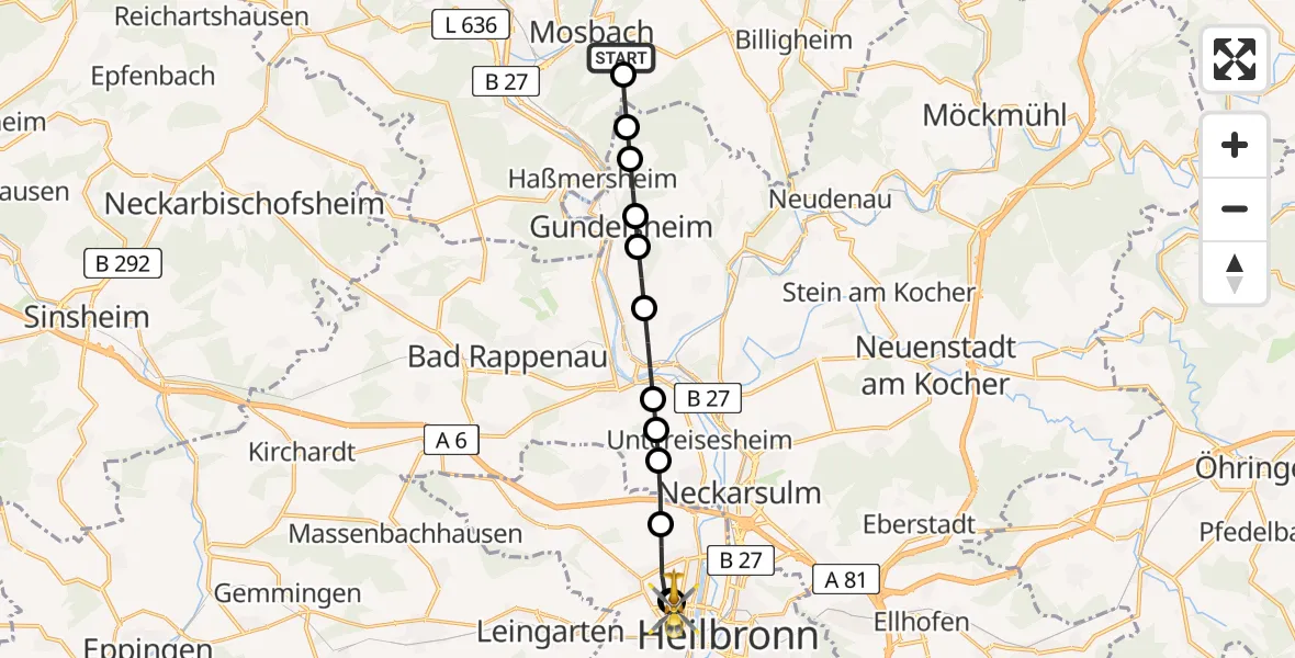 Flugroute Rettungshubschrauber Mosbach - Heilbronn Hospital, 20 März 2026, 10:44