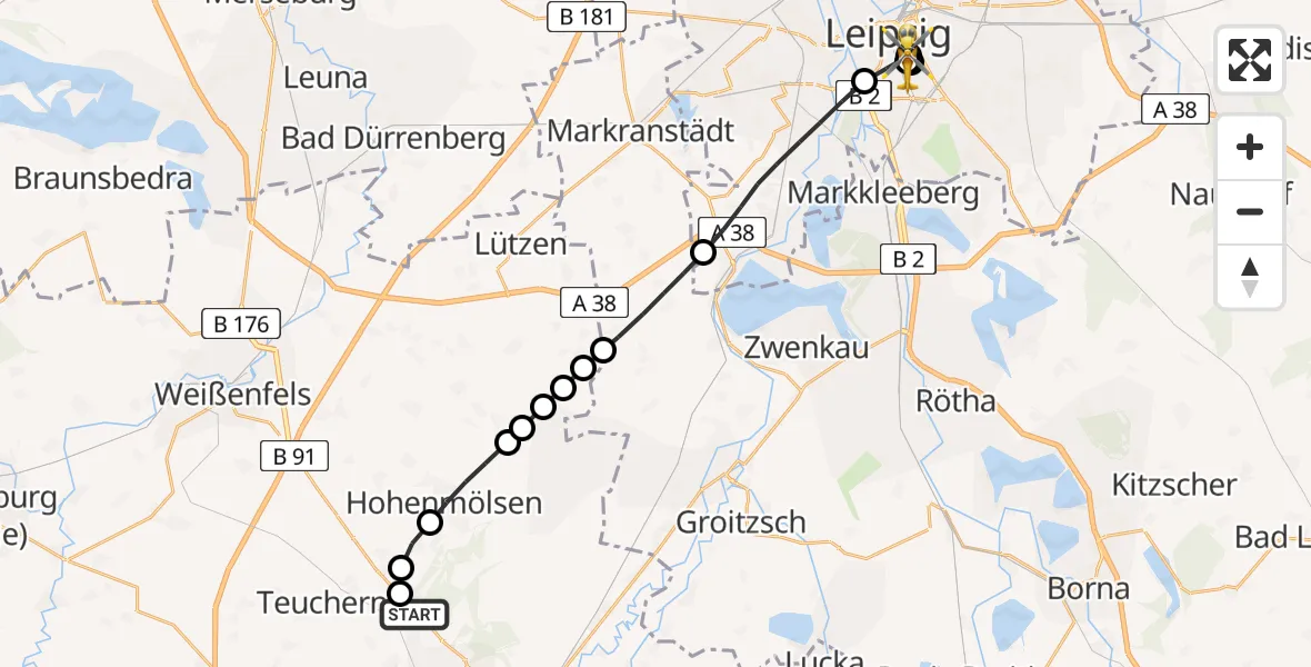 Flugroute Rettungshubschrauber Deuben - Leipzig University Hospital Heliport 1, 20 März 2026, 10:49