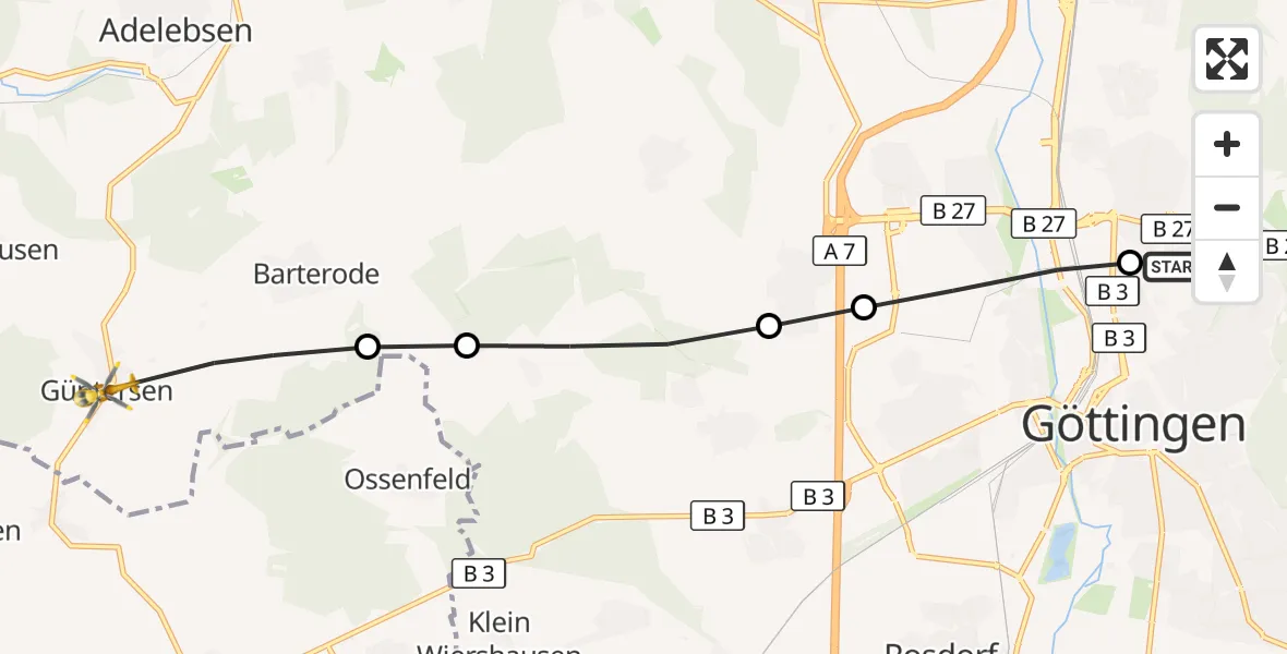 Flugroute Rettungshubschrauber Göttingen University Clinic Heliport - Adelebsen, 20 März 2026, 10:53