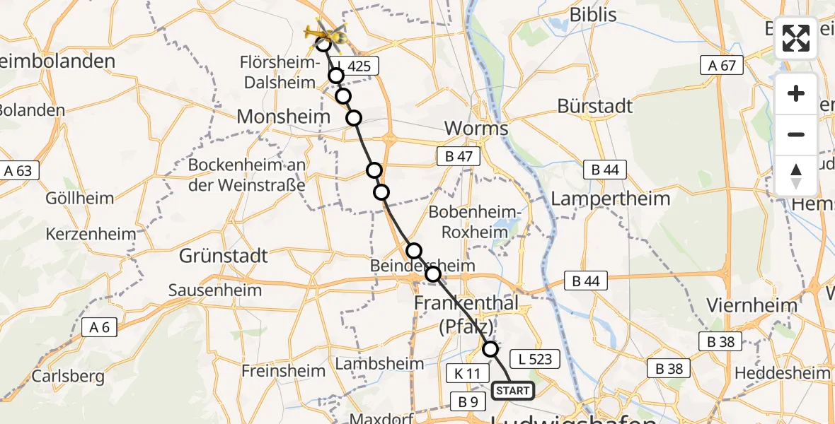 Routekaart van de vlucht: Rettungshubschrauber nach Gundheim, Abenheimer Straße