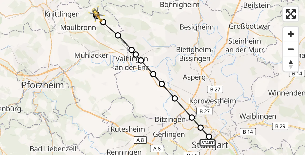 Flugroute Rettungshubschrauber Stuttgart - Diefenbach, 20 März 2026, 10:58