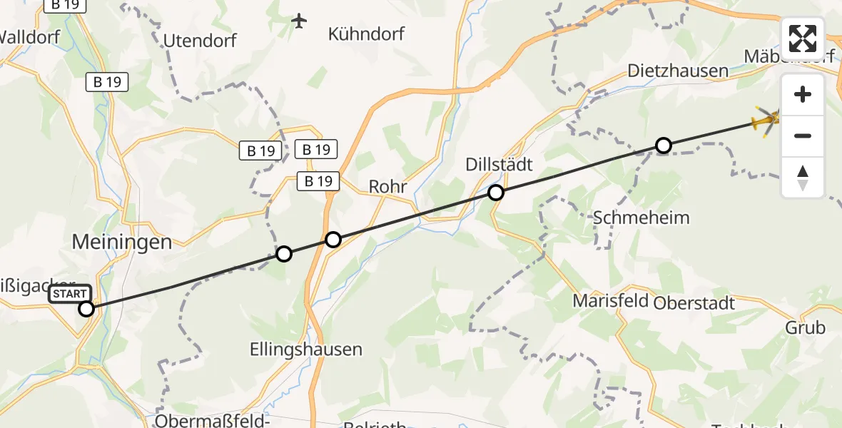 Flugroute Rettungshubschrauber Helios Clinic Meiningen - Mäbendorf, 20 März 2026, 10:58